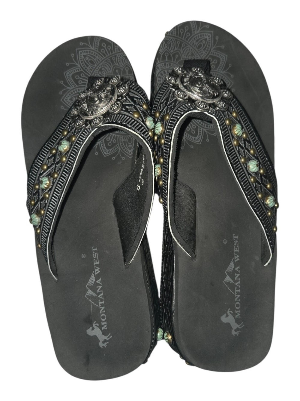 Montana West Western Studded Black Flip Flops with Green Bead Accents Size 9